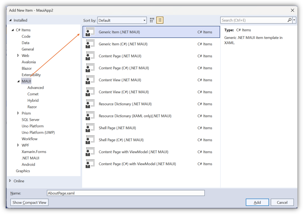 Visual Studio 2022 - Add New Item dialog - .NET MAUI Generic Item in Focus