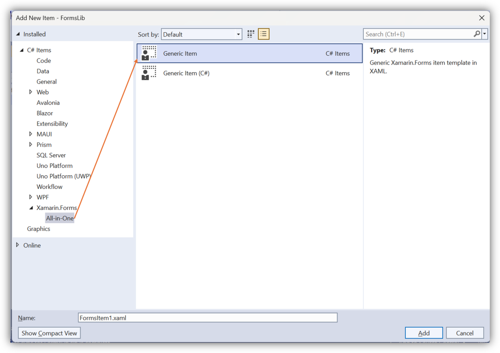 Xamarin.Forms Generic Item Templates - Visual Studio - Add New Item dialog