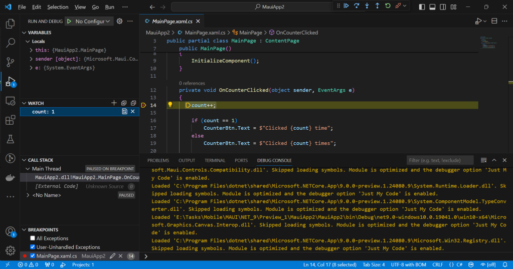 VS Code - .NET MAUI - Debugging and Breakpoints